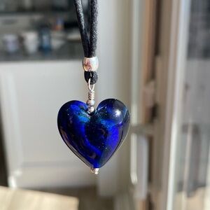Handmade Deep Blue Foil Lined Glass Heart Necklace on 18” Cord